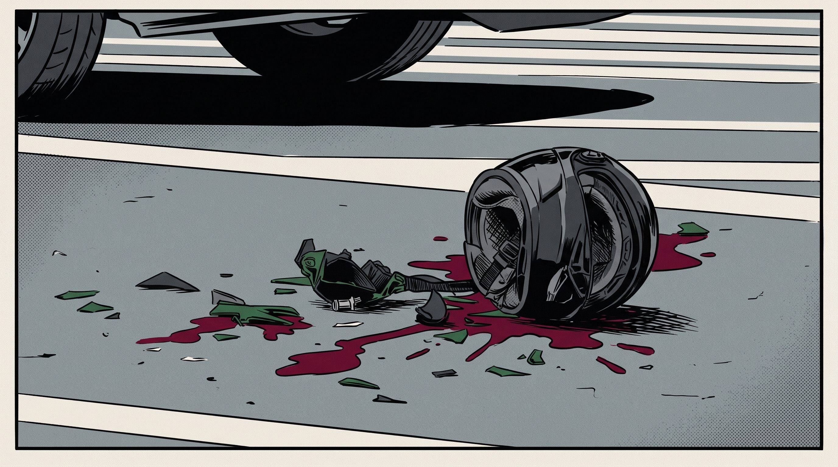 Ilustracja: rozbity kask motocyklowy leżący na jezdni obok krwi, pod kołem samochodu